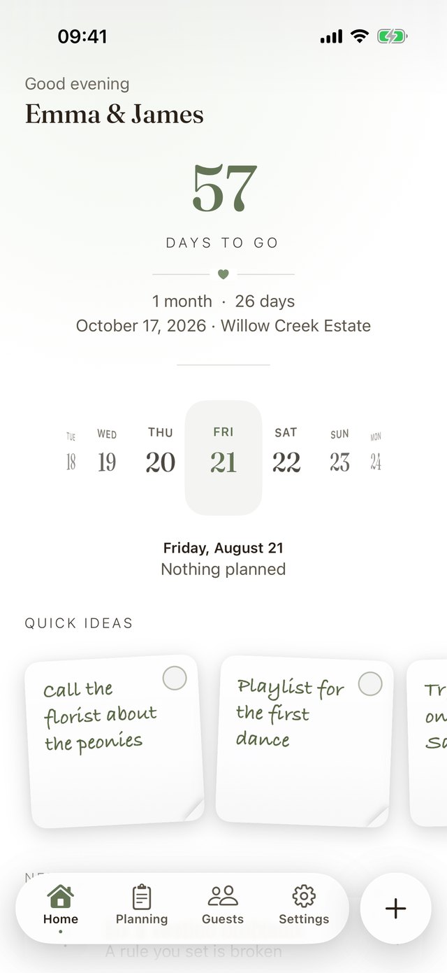 Wedbloom home screen with the countdown to the day and what needs attention next