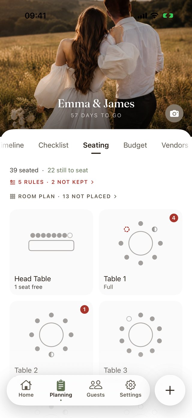 The seating plan with tables laid out and guests seated